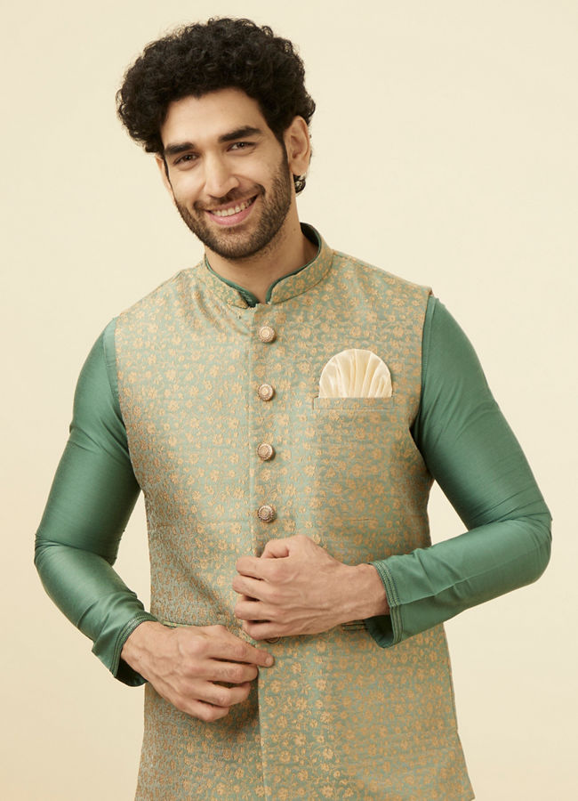 Manyavar Men Sage Green Brocade Jacket