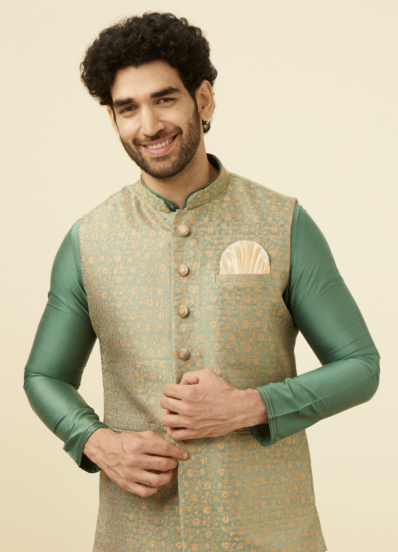 Manyavar Men Sage Green Brocade Jacket