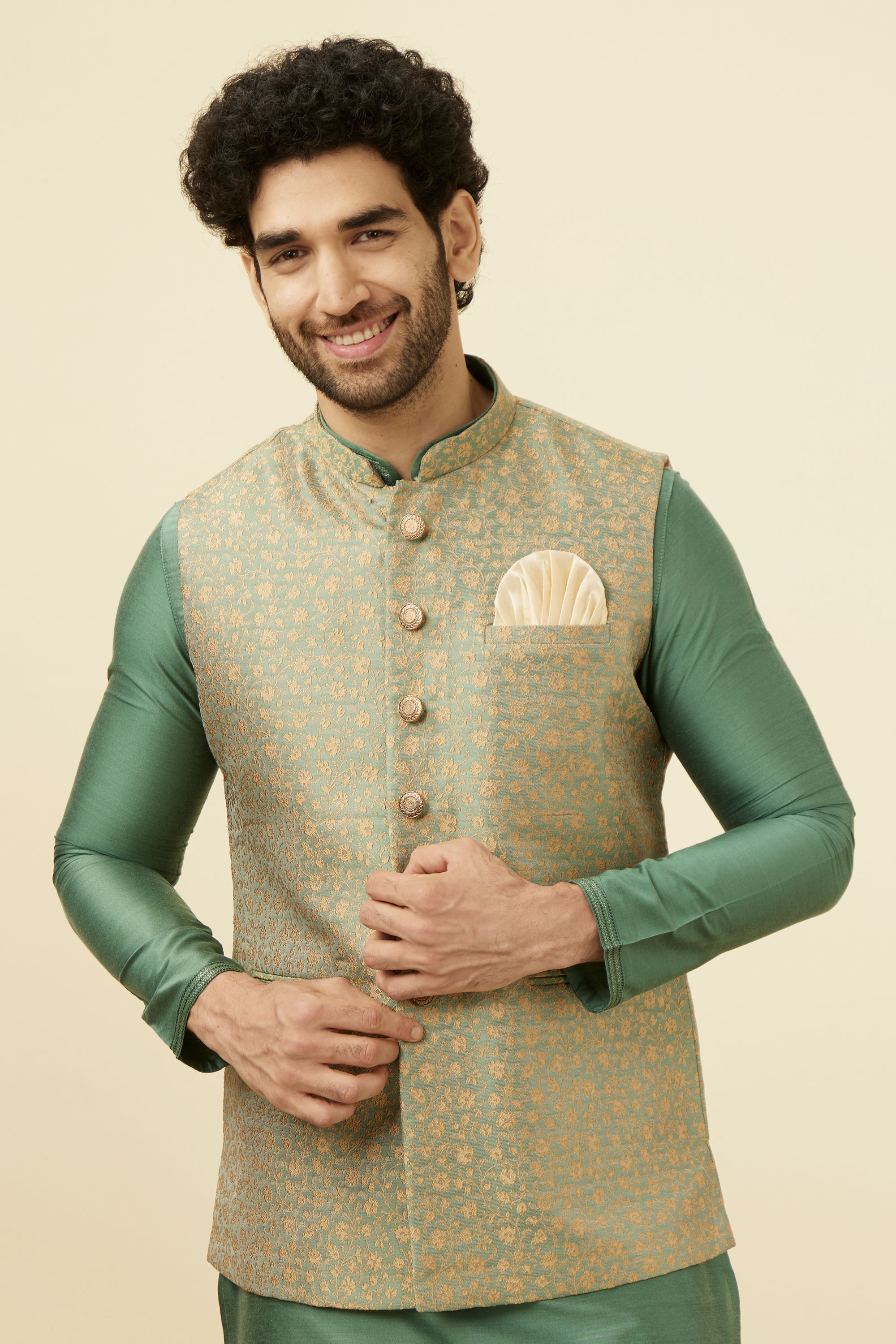 Manyavar Men Sage Green Brocade Jacket