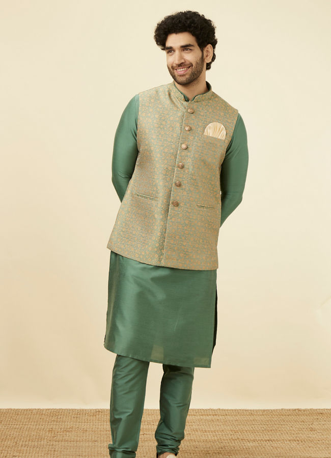 alt message - Manyavar Men Sage Green Brocade Jacket image number 2