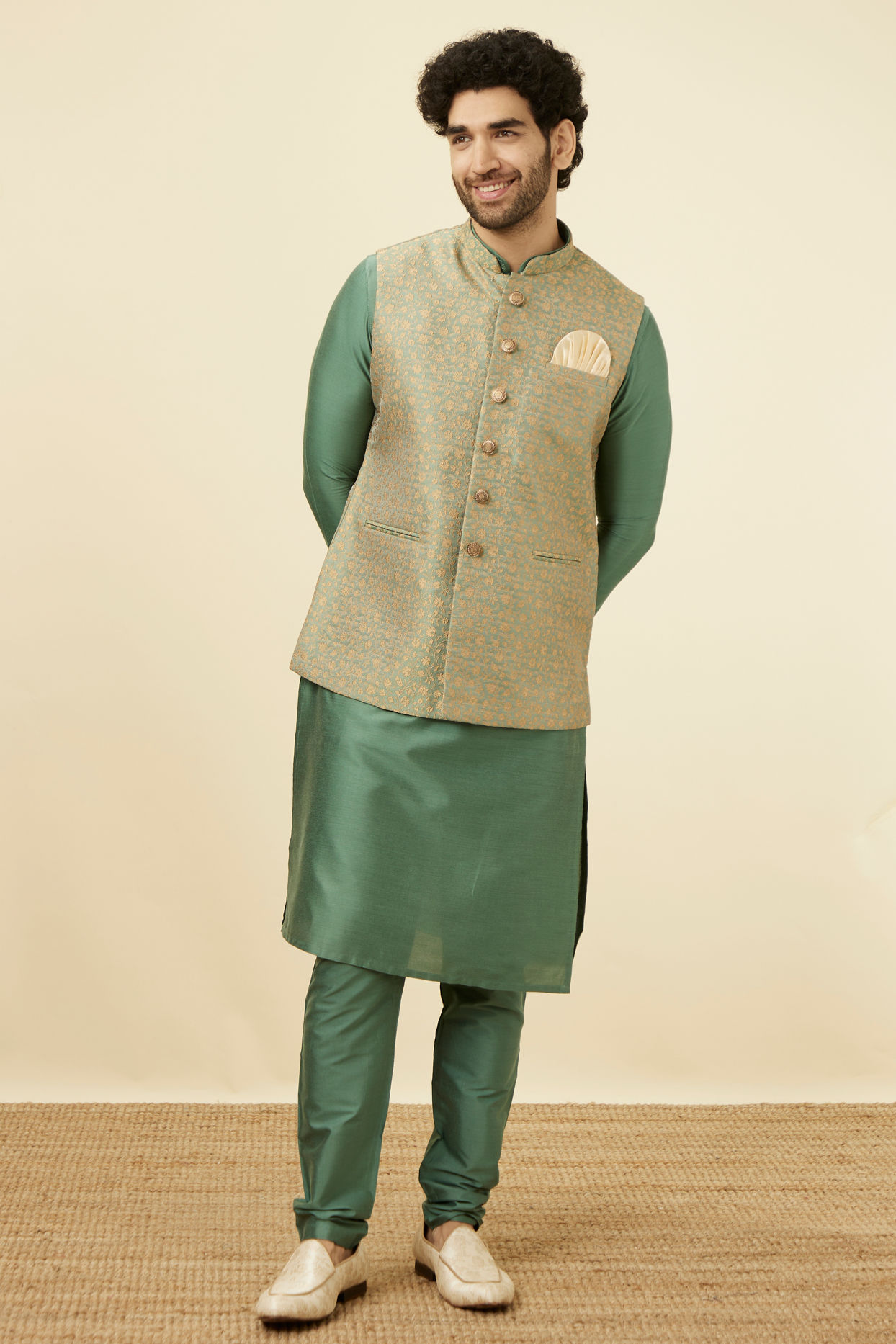 Buy Sage Green Brocade Jacket Online in India @Manyavar - Nehru Jacket ...