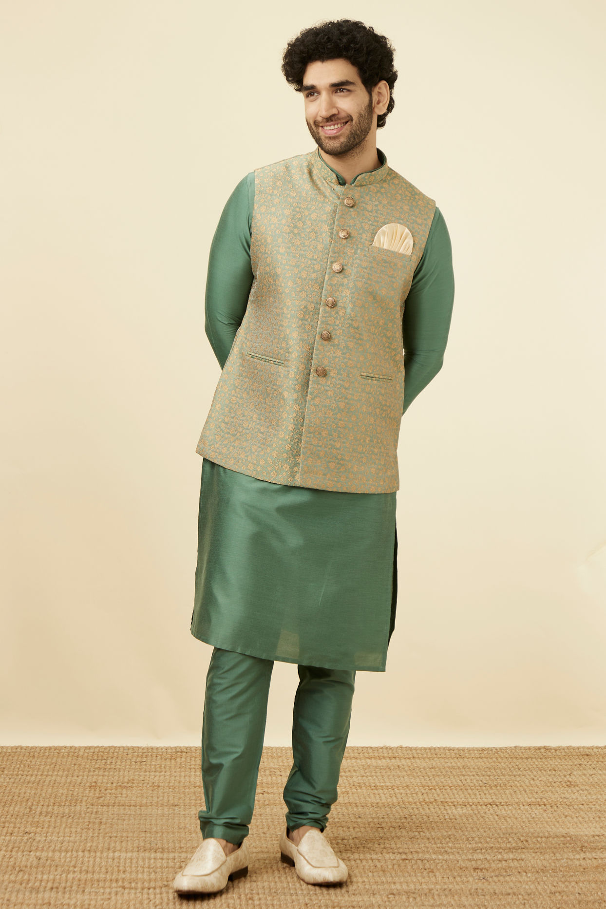 alt message - Manyavar Men Sage Green Brocade Jacket image number 2