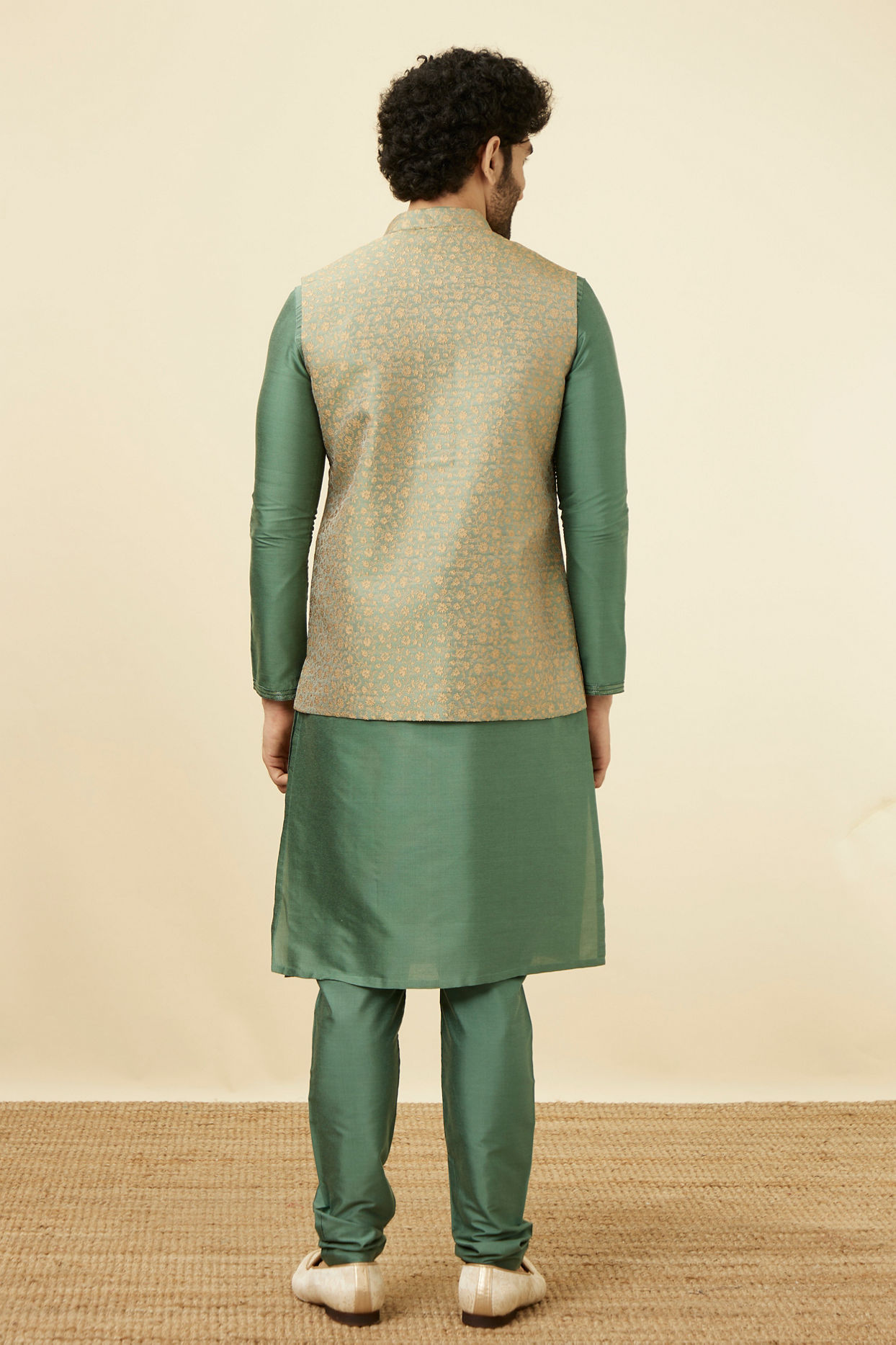 alt message - Manyavar Men Sage Green Brocade Jacket image number 3