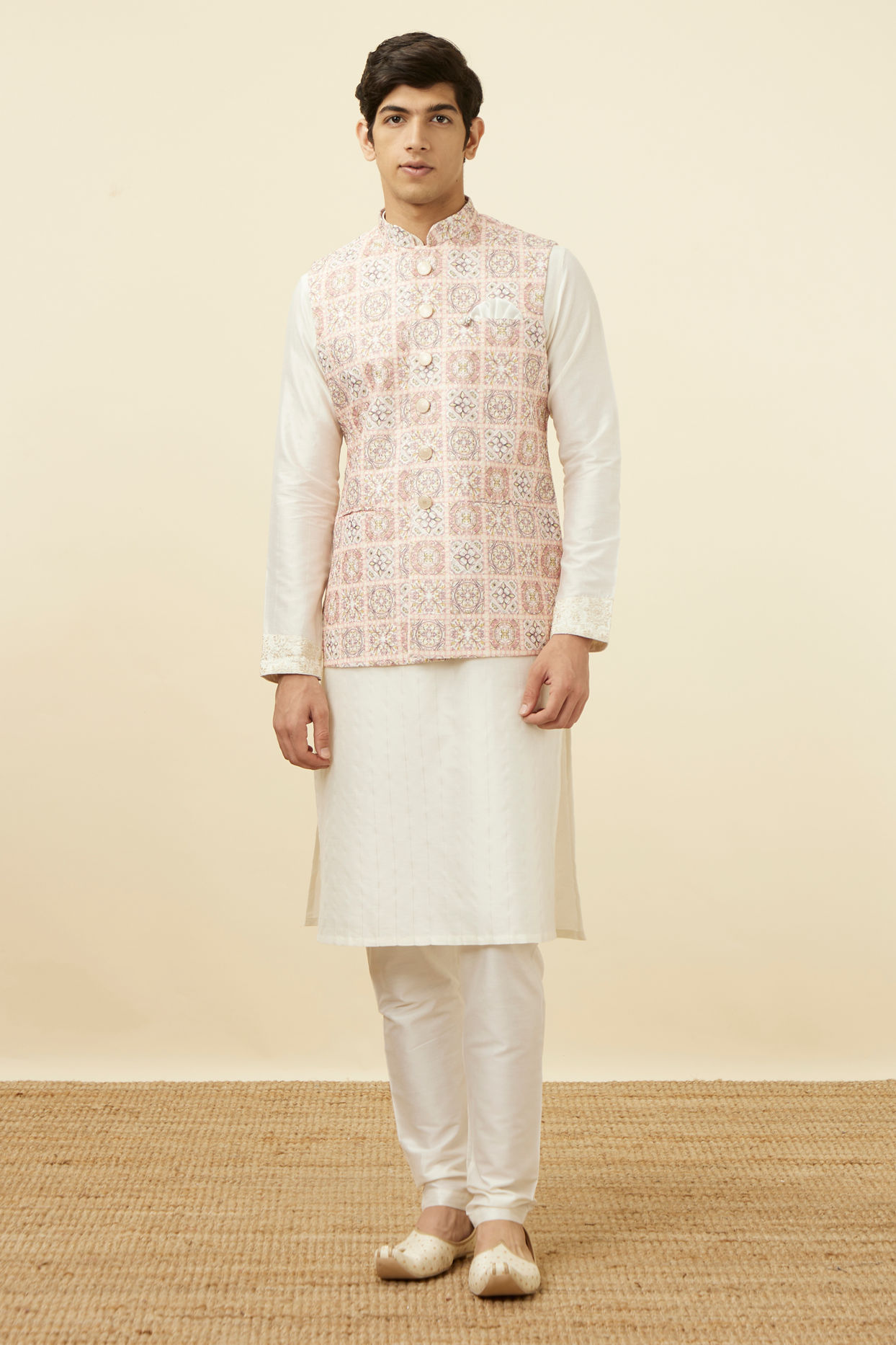 alt message - Manyavar Men Soft Pink Moroccan Printed Jacket image number 2