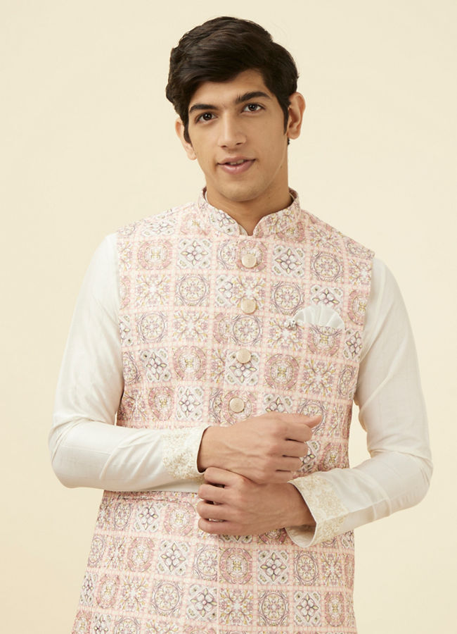 alt message - Manyavar Men Soft Pink Moroccan Printed Jacket image number 0