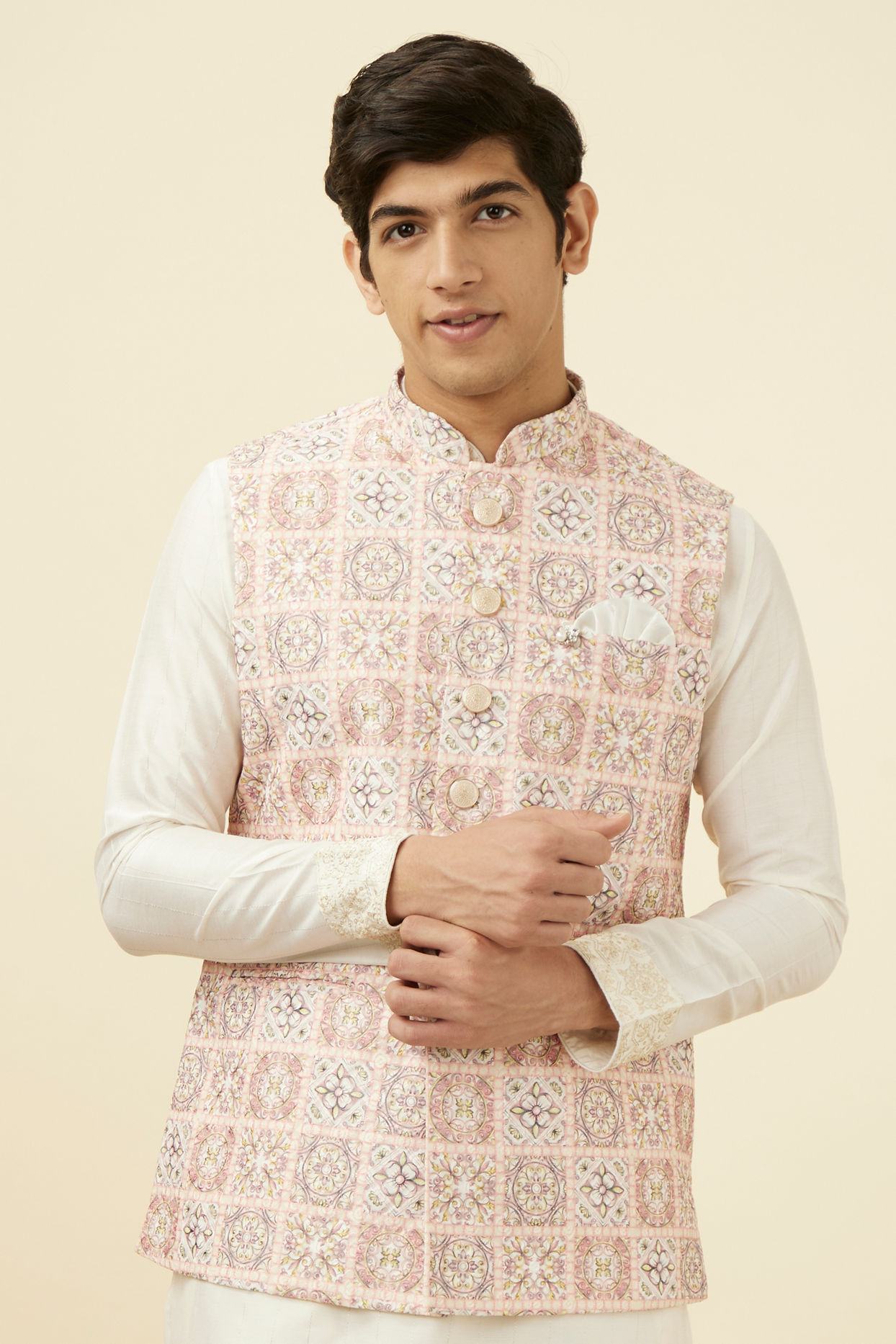 alt message - Manyavar Men Soft Pink Moroccan Printed Jacket image number 0