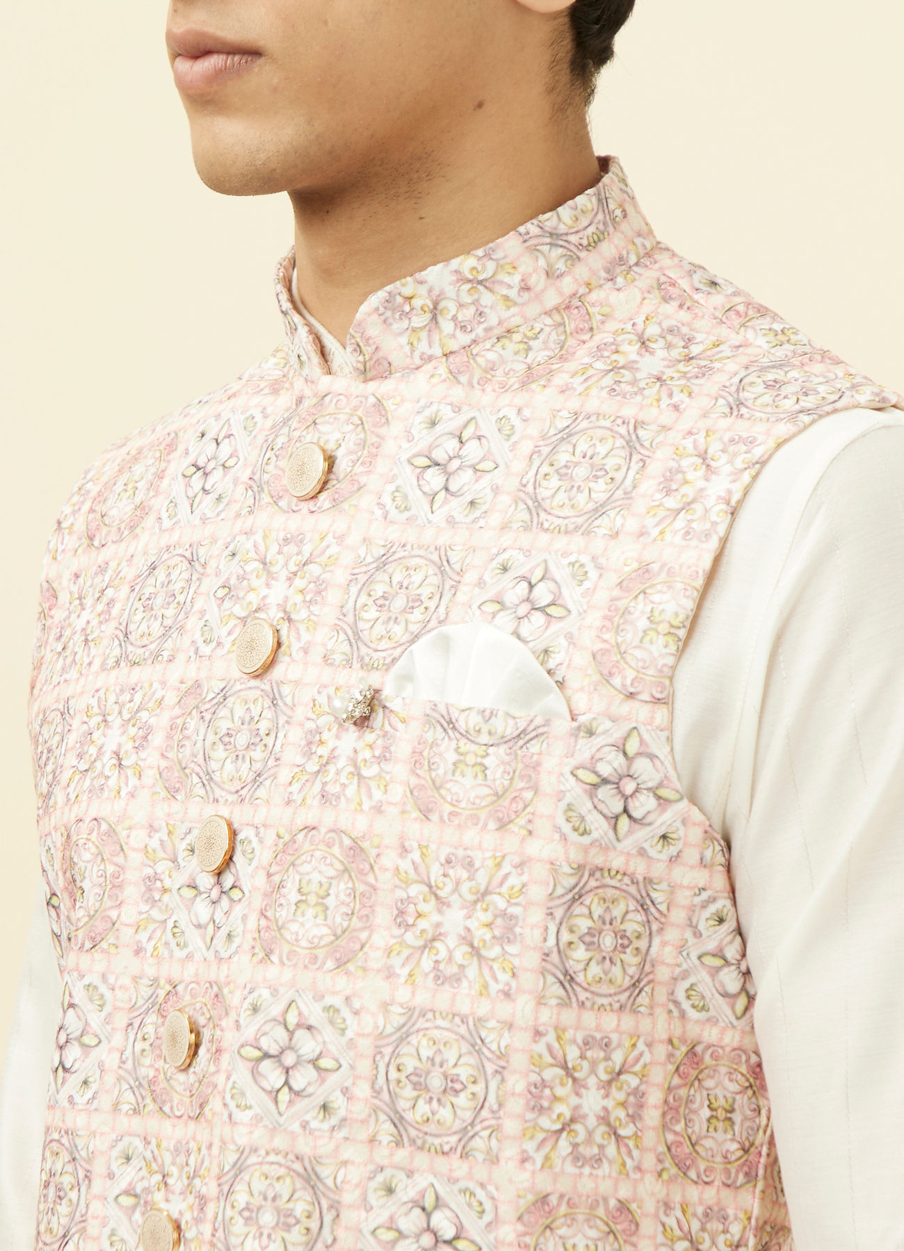 Manyavar Men Soft Pink Moroccan Printed Jacket