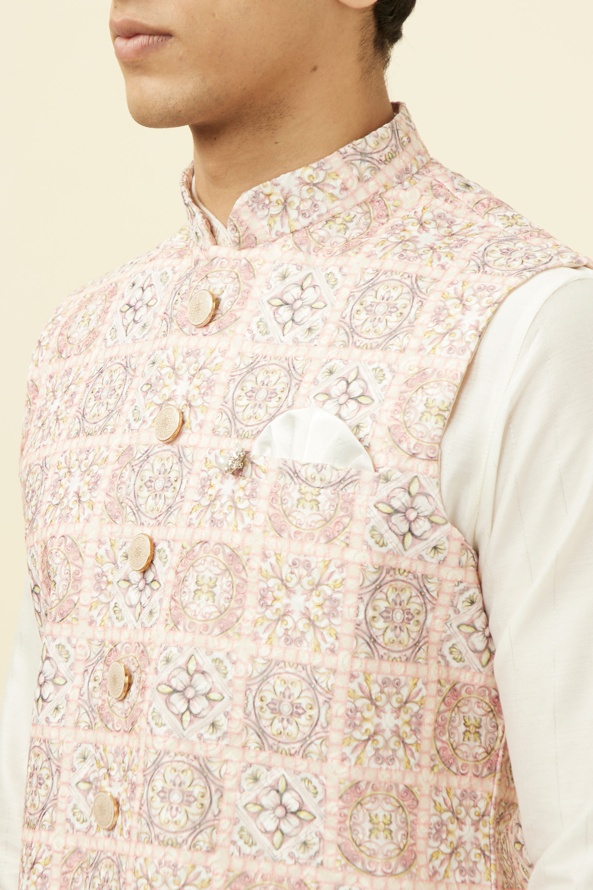 Manyavar Men Soft Pink Moroccan Printed Jacket