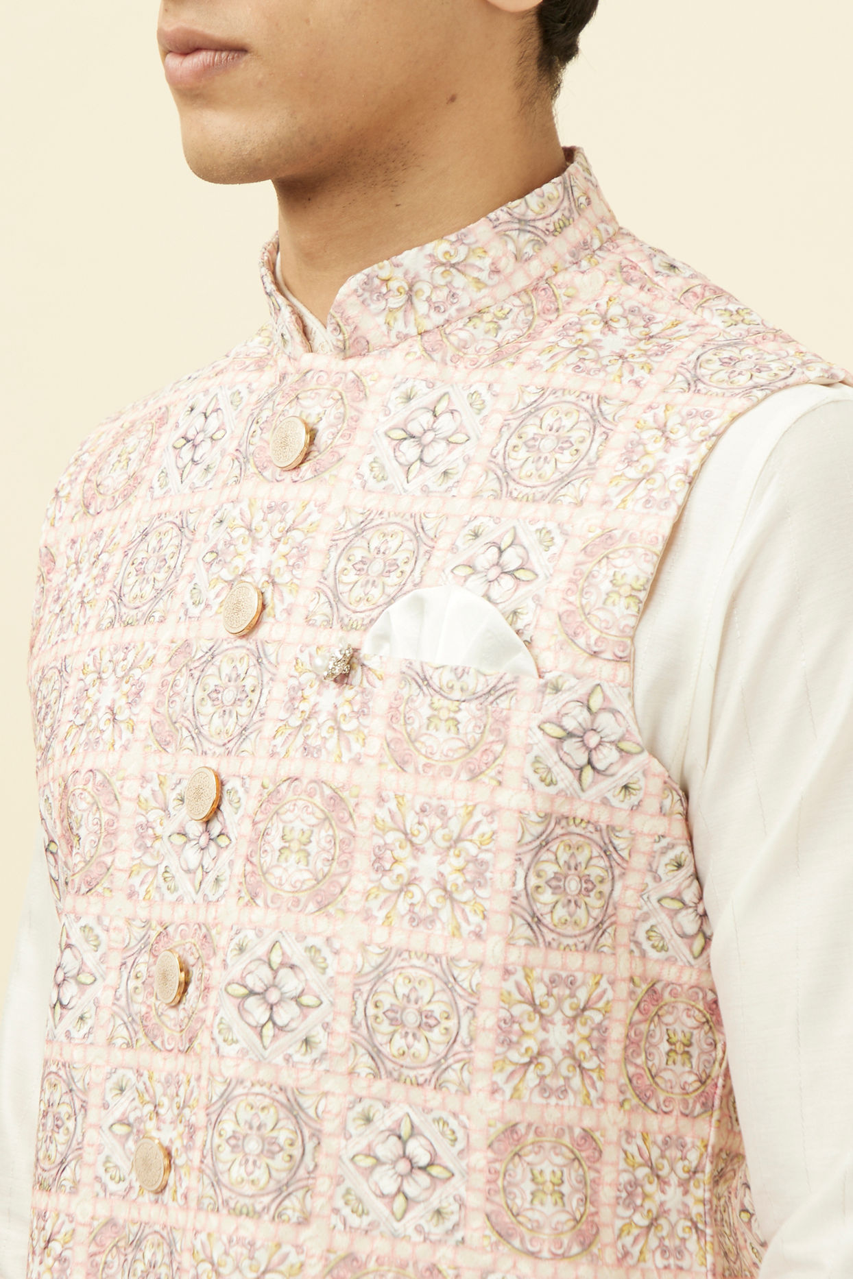 Manyavar Men Soft Pink Moroccan Printed Jacket