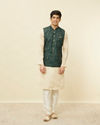 Manyavar Men Pine Green Warli Tribal Art Printed Jacket