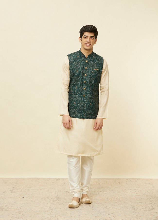 Manyavar Men Pine Green Warli Tribal Art Printed Jacket