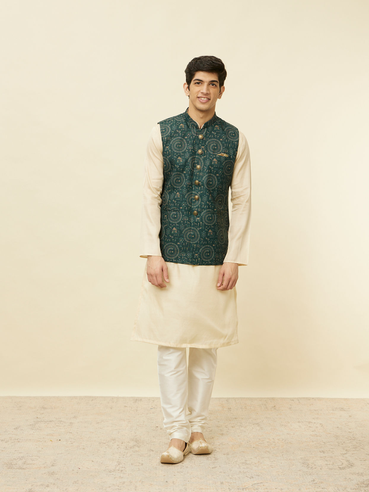 Manyavar Men Pine Green Warli Tribal Art Printed Jacket