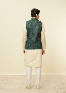 alt message - Manyavar Men Pine Green Warli Tribal Art Printed Jacket image number 3