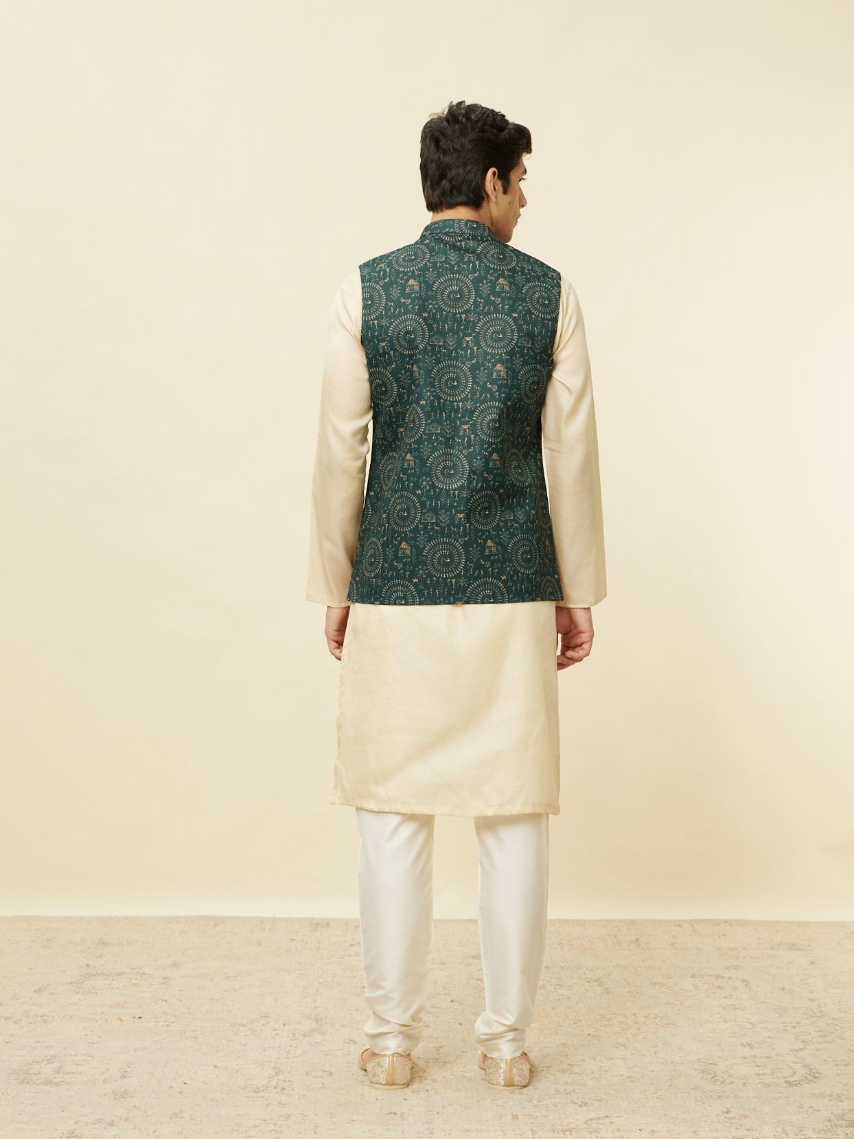 Manyavar Men Pine Green Warli Tribal Art Printed Jacket