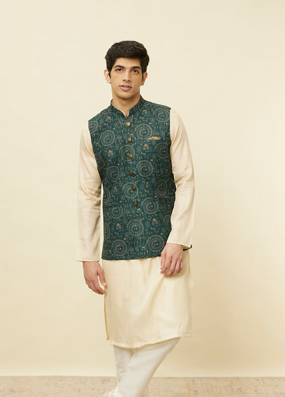 Manyavar Men Pine Green Warli Tribal Art Printed Jacket