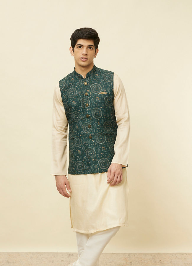 Manyavar Men Pine Green Warli Tribal Art Printed Jacket