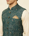 Manyavar Men Pine Green Warli Tribal Art Printed Jacket