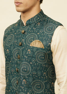 alt message - Manyavar Men Pine Green Warli Tribal Art Printed Jacket image number 1