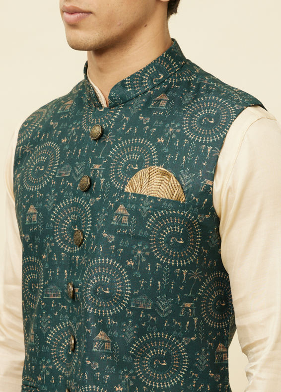 Manyavar Men Pine Green Warli Tribal Art Printed Jacket