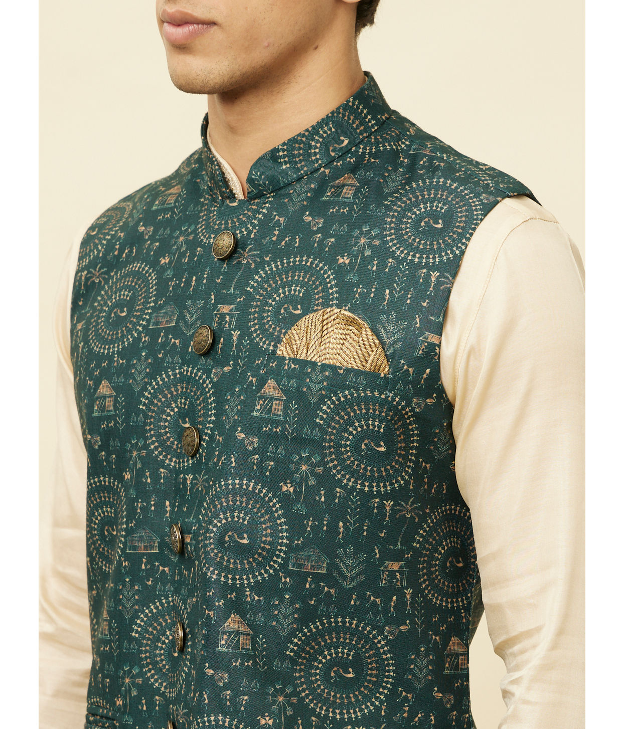 Manyavar Men Pine Green Warli Tribal Art Printed Jacket