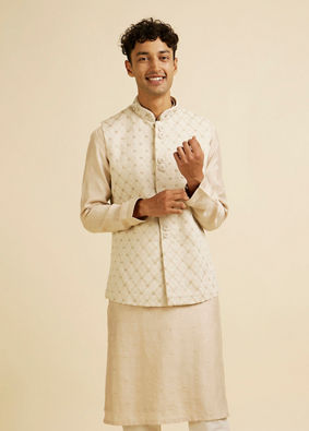 alt message - Manyavar Men Beige Buta Jaal Embroidered Nehru Jacket image number 0