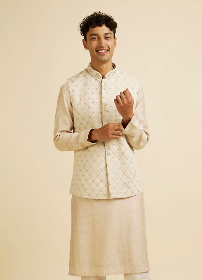 alt message - Manyavar Men Beige Buta Jaal Embroidered Nehru Jacket image number 0