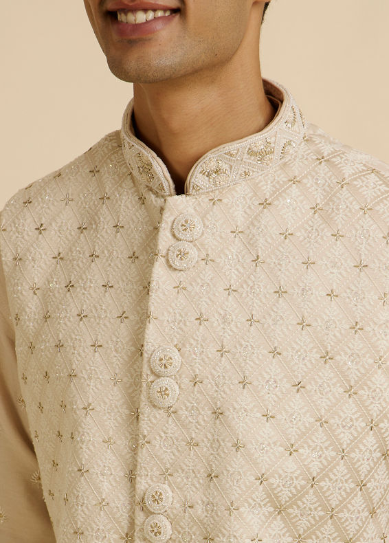 Manyavar Men Beige Buta Jaal Embroidered Nehru Jacket