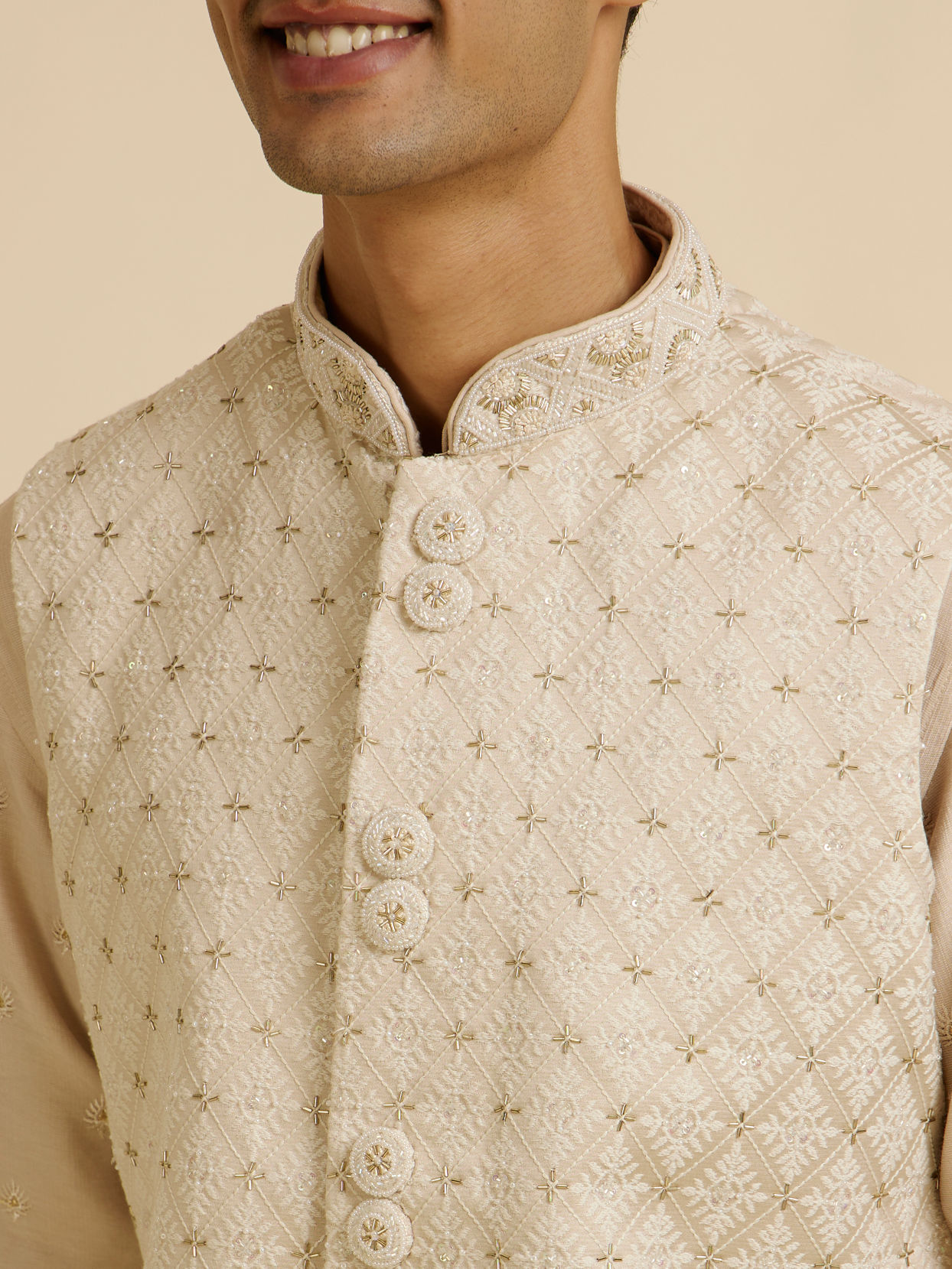 Manyavar Men Beige Buta Jaal Embroidered Nehru Jacket