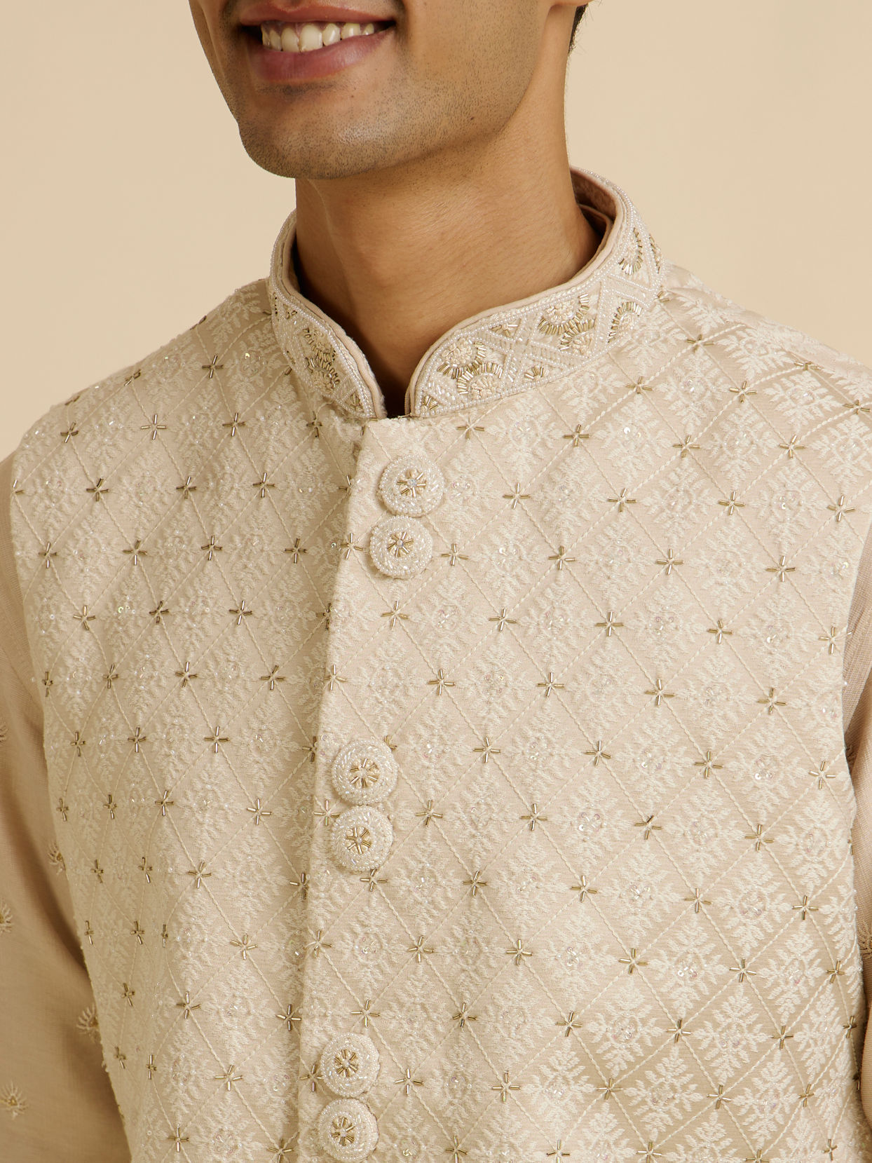 alt message - Manyavar Men Beige Buta Jaal Embroidered Nehru Jacket image number 1