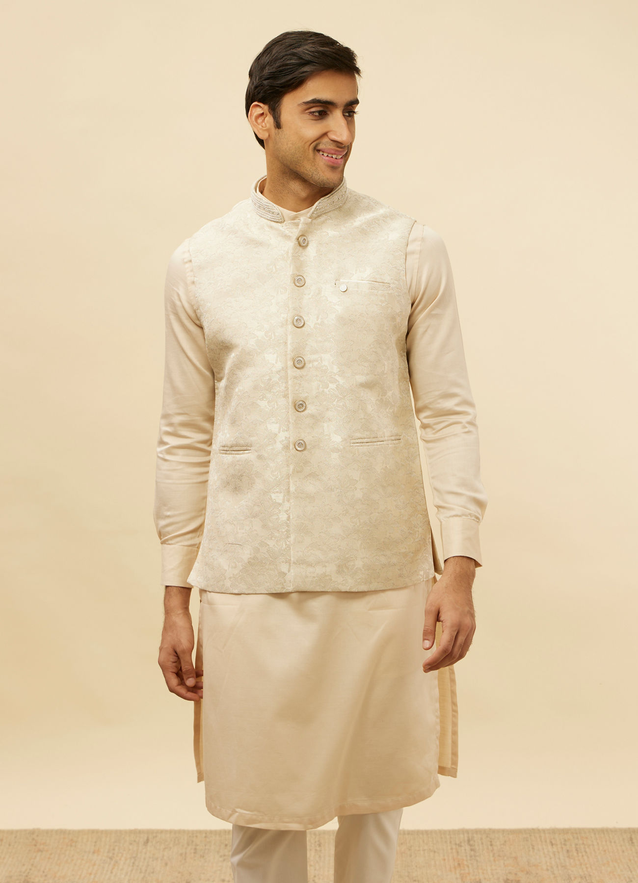 alt message - Manyavar Men Greige Floral Patterned Jacket image number 0