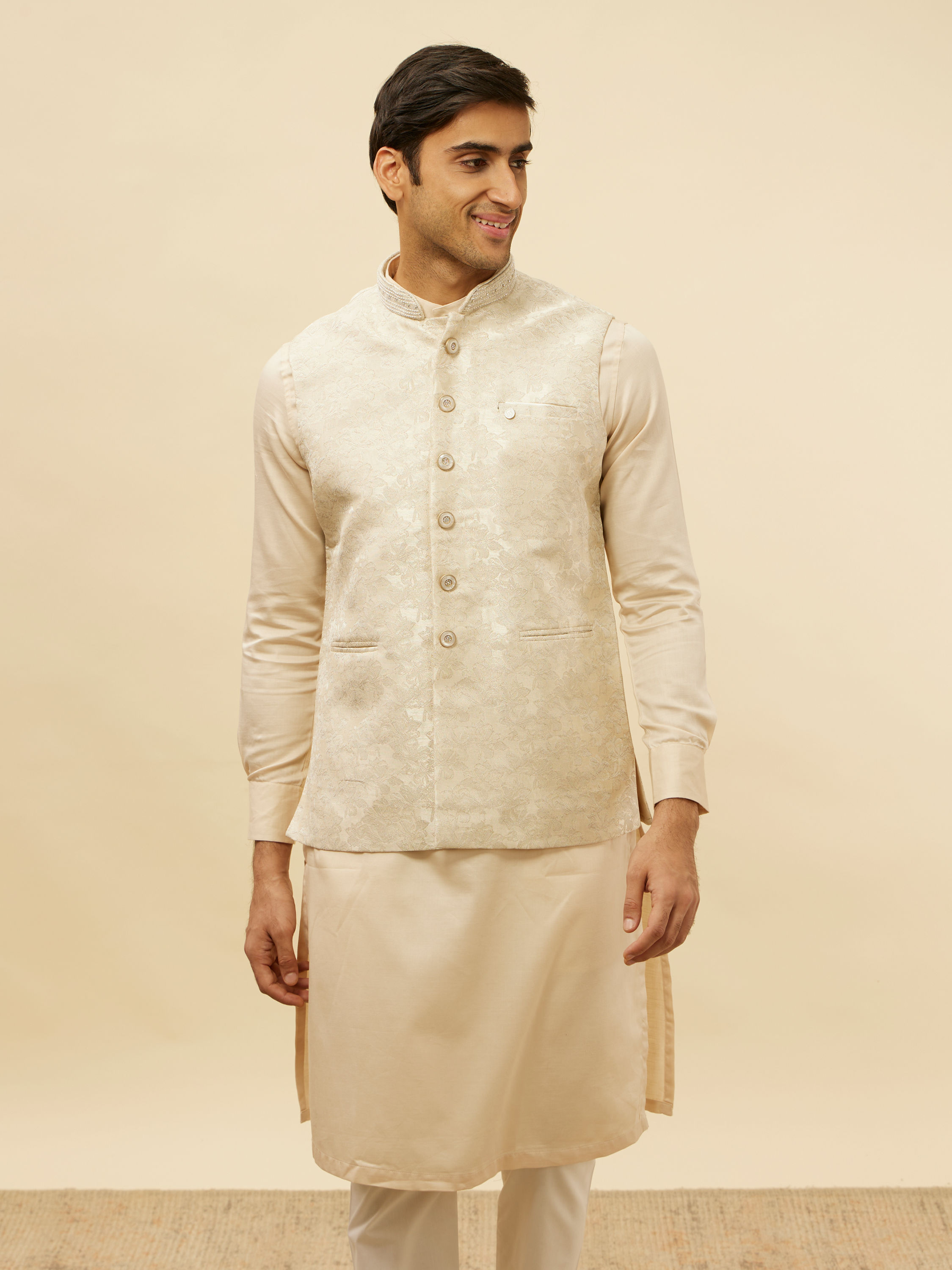 Manyavar Men Greige Floral Patterned Jacket
