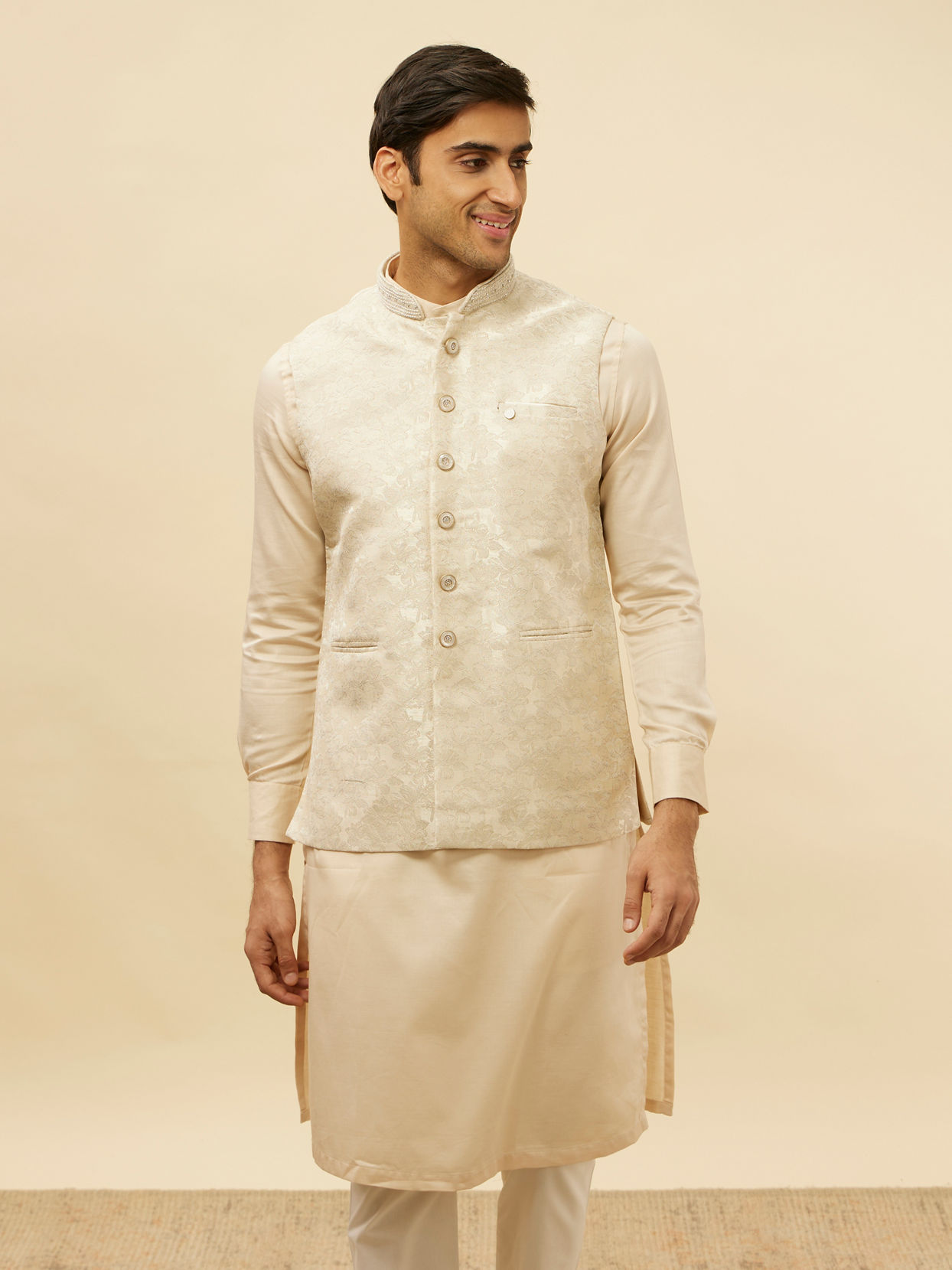 Manyavar Men Greige Floral Patterned Jacket