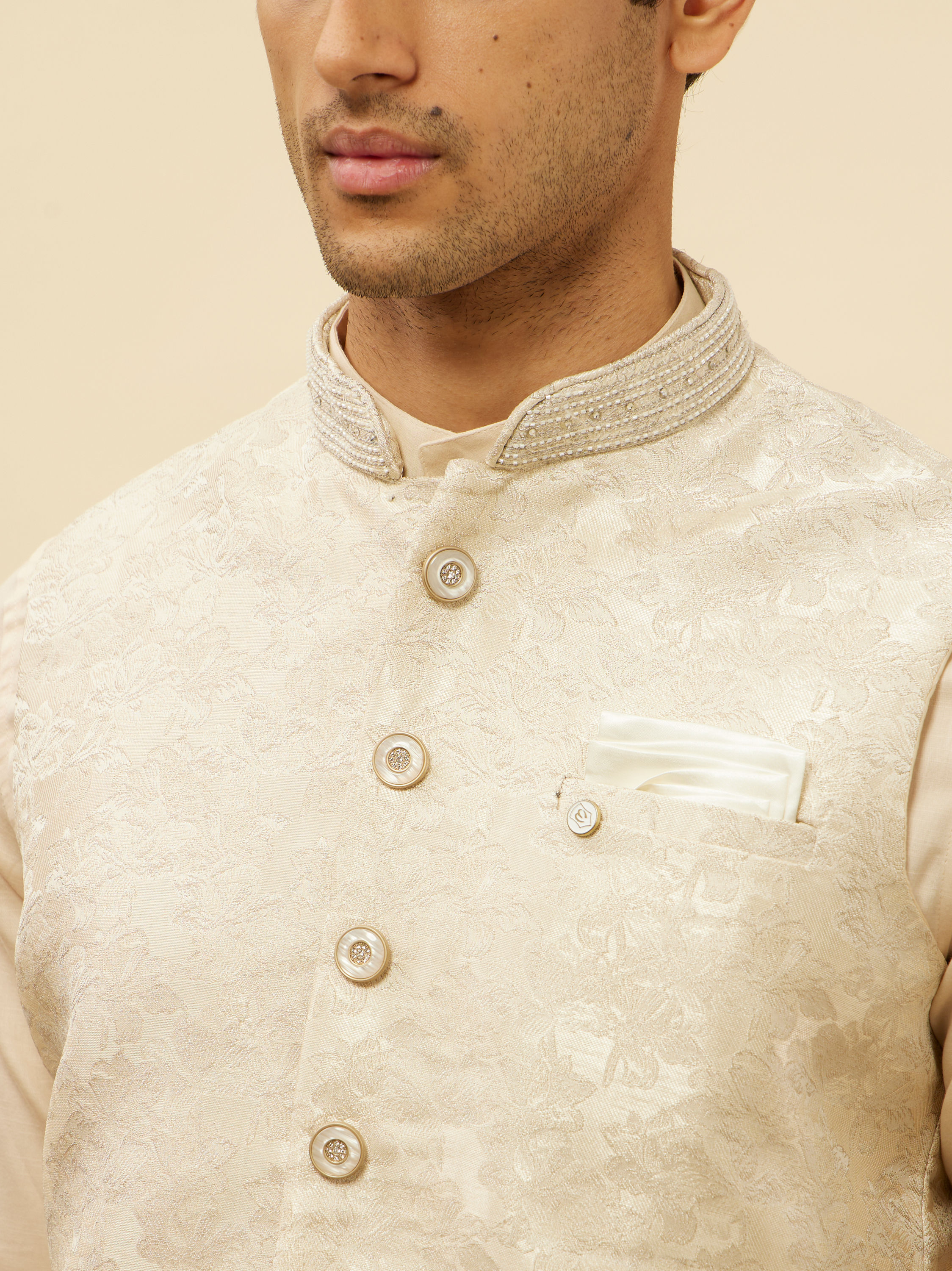 Manyavar Men Greige Floral Patterned Jacket