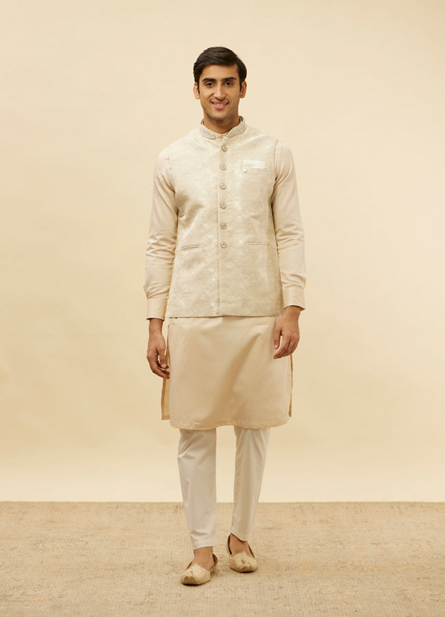 alt message - Manyavar Men Greige Floral Patterned Jacket image number 2