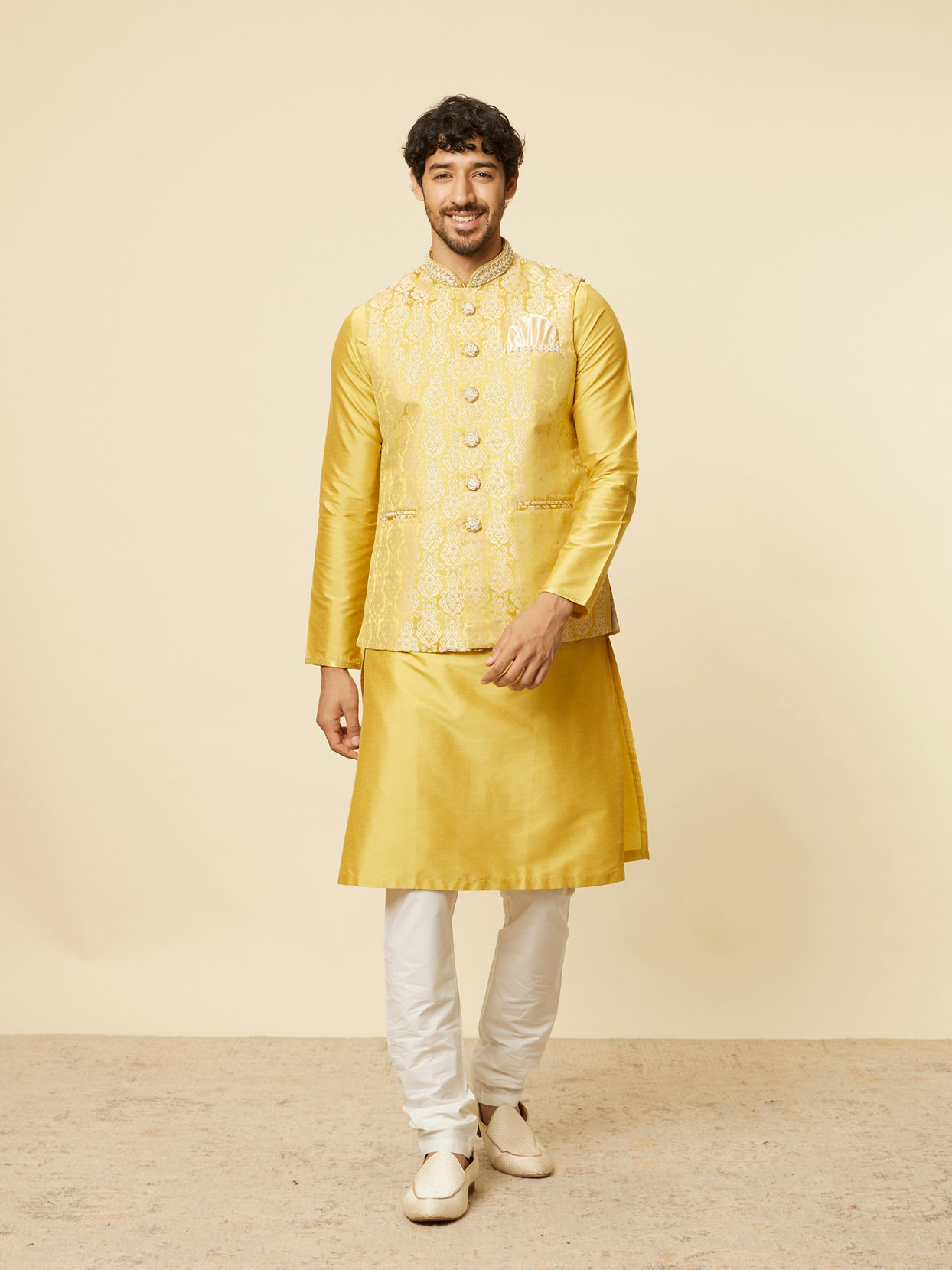 alt message - Manyavar Men Mustard Yellow Medallion Patterned Jacket image number 2