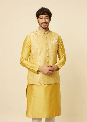 Manyavar Men Mustard Yellow Medallion Patterned Jacket