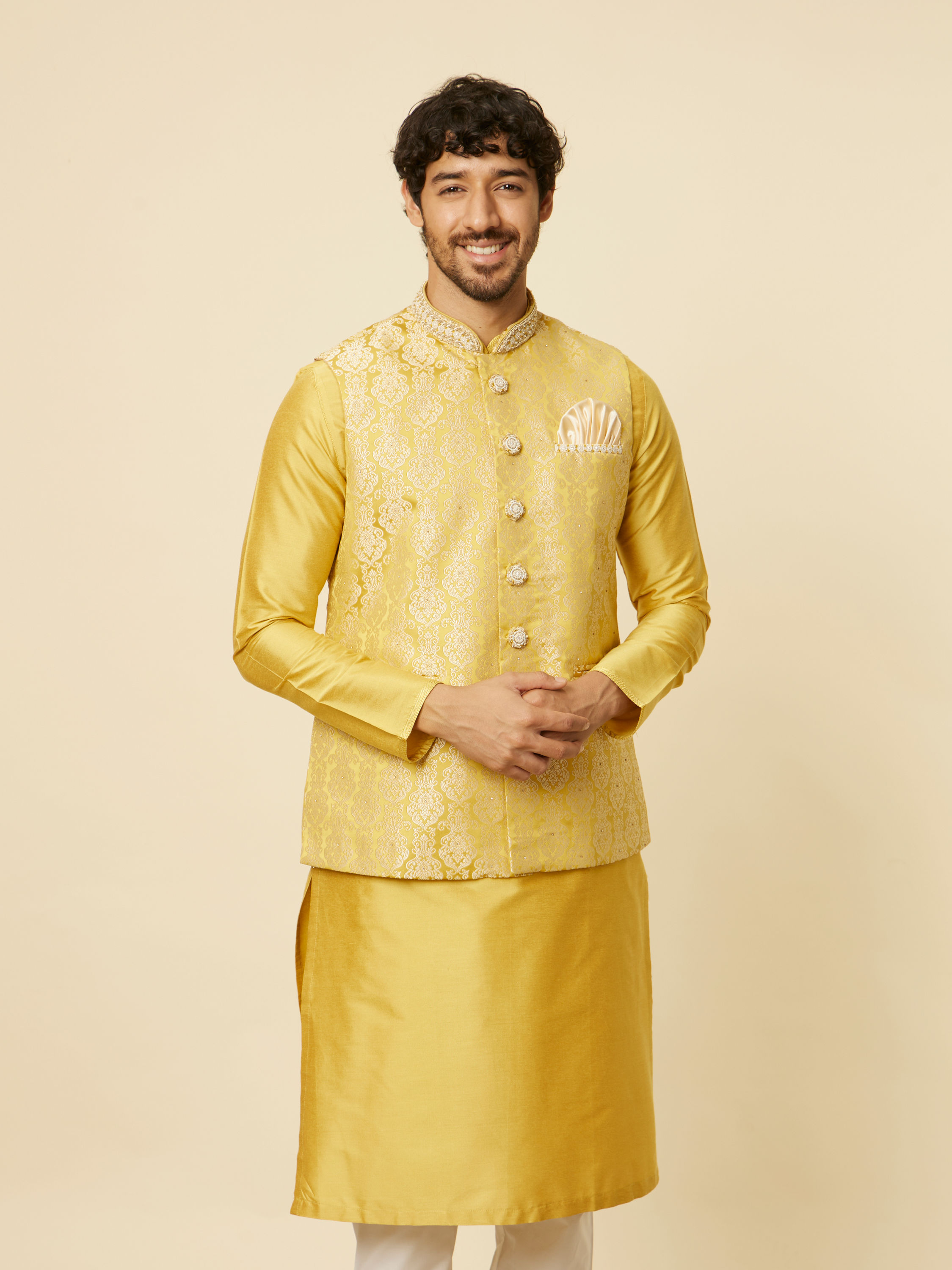 Manyavar Men Mustard Yellow Medallion Patterned Jacket