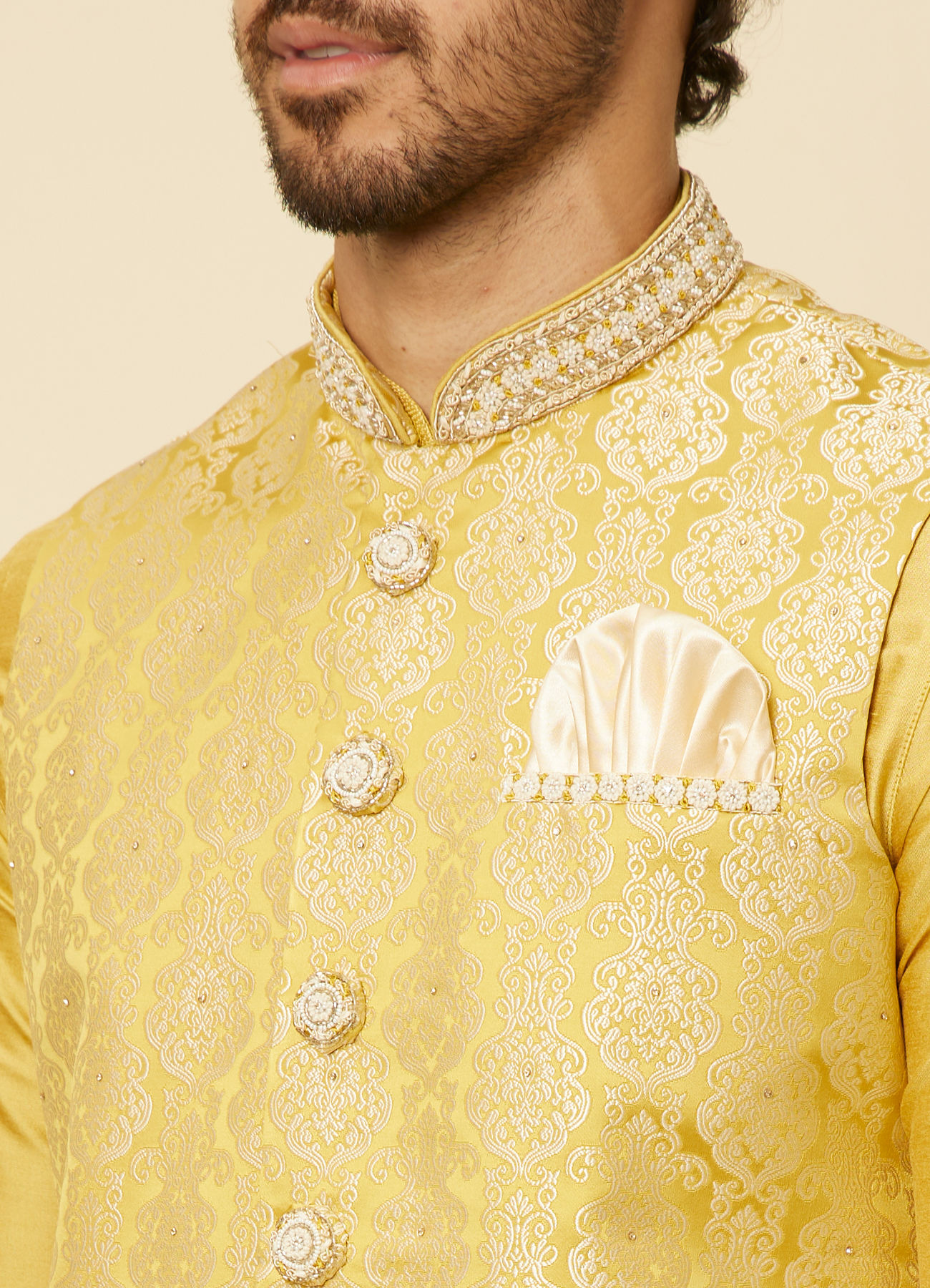 Manyavar Men Mustard Yellow Medallion Patterned Jacket