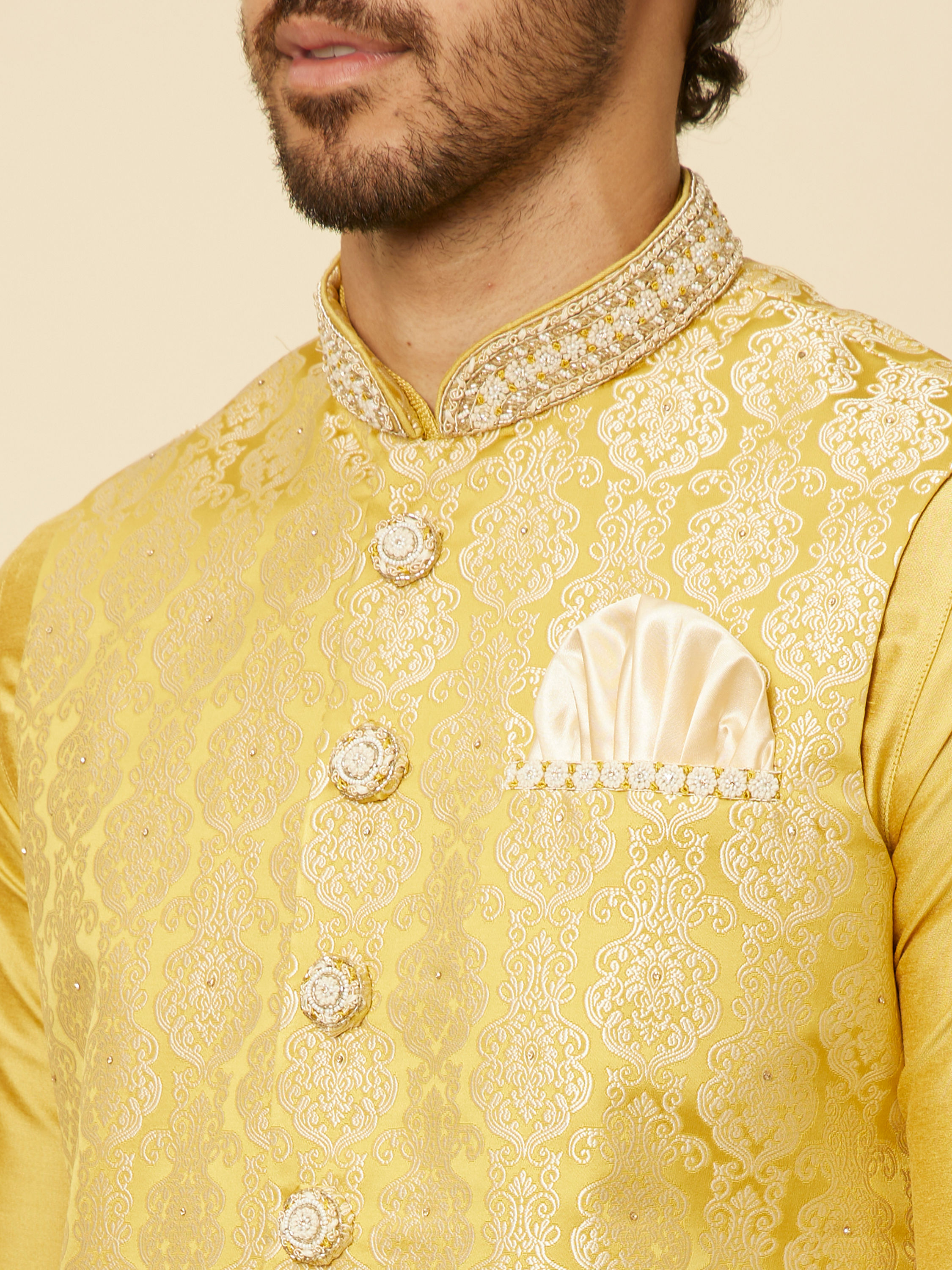 Manyavar Men Mustard Yellow Medallion Patterned Jacket