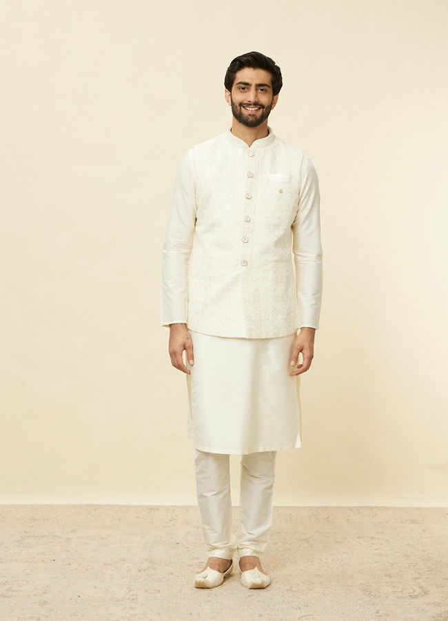 Manyavar Men Sea Salt White Courtly Patterned Jacket