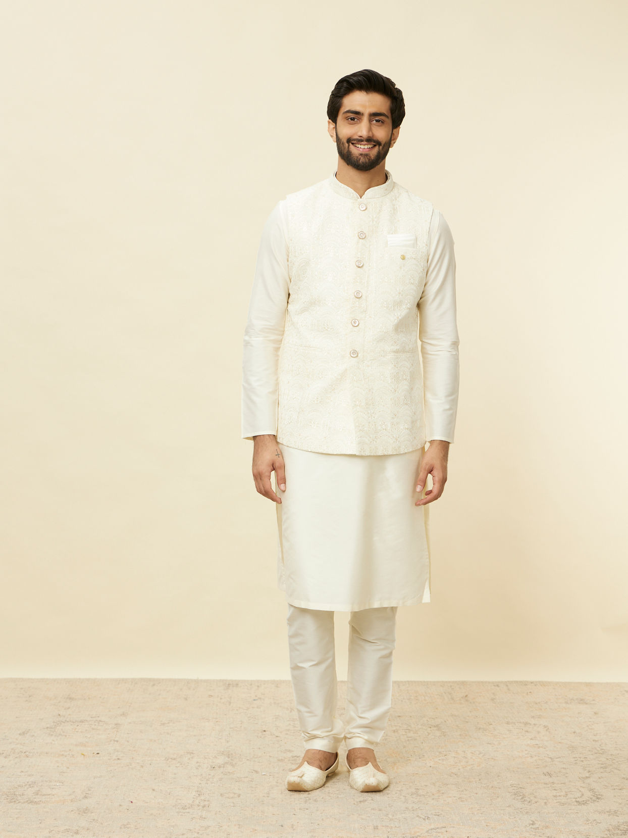 Manyavar Men Sea Salt White Courtly Patterned Jacket