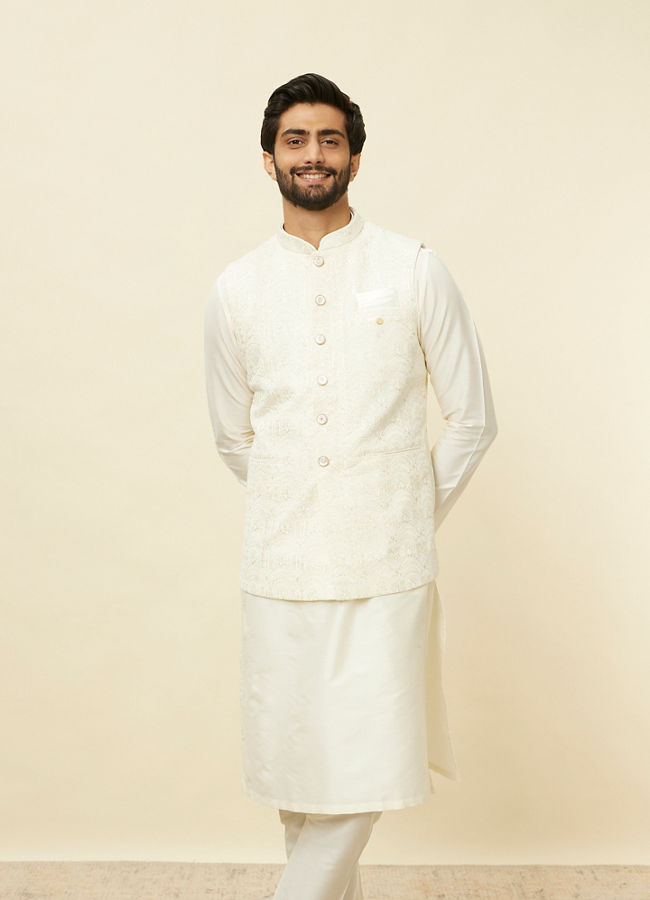 Manyavar Men Sea Salt White Courtly Patterned Jacket