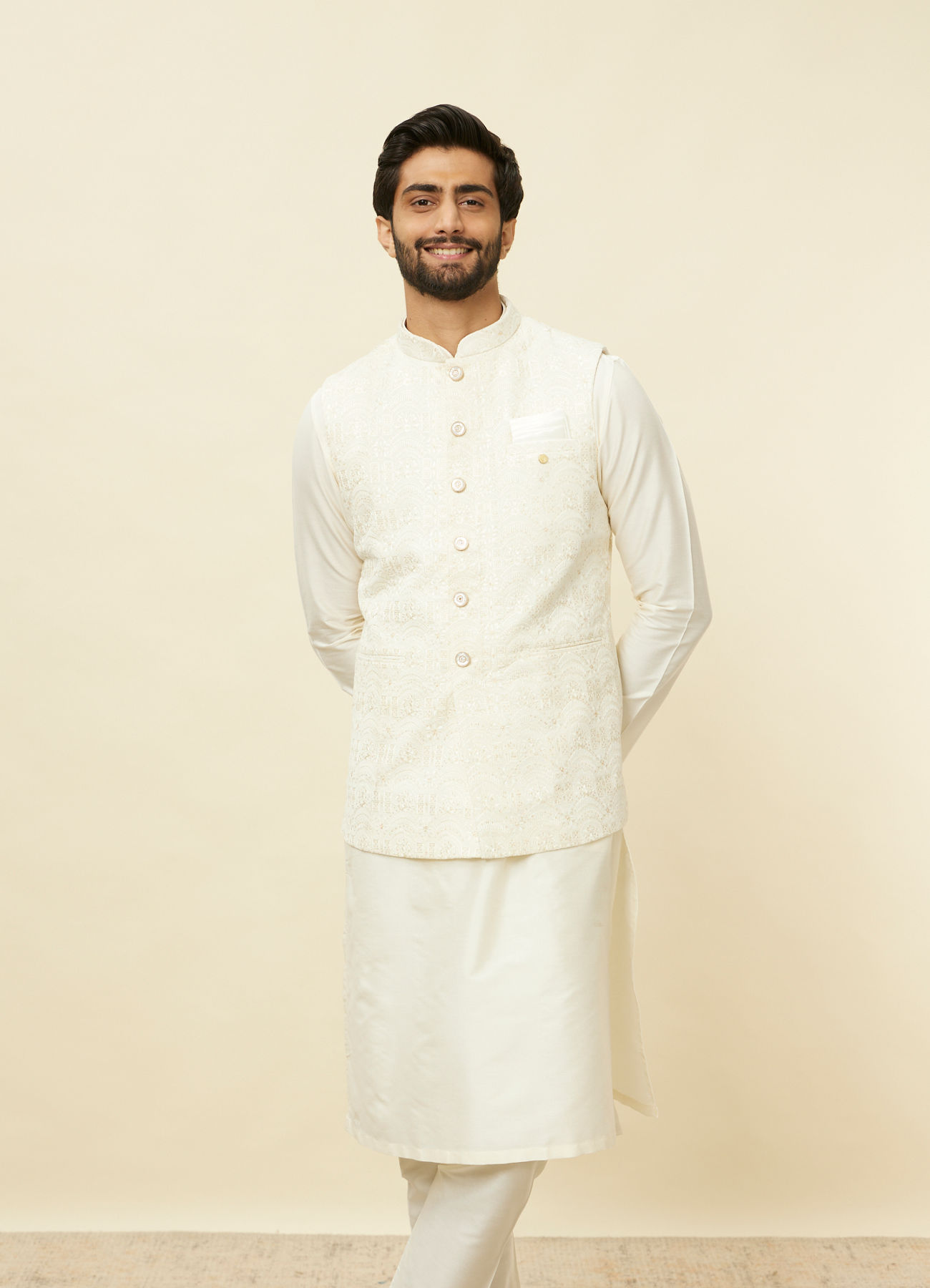 Manyavar Men Sea Salt White Courtly Patterned Jacket