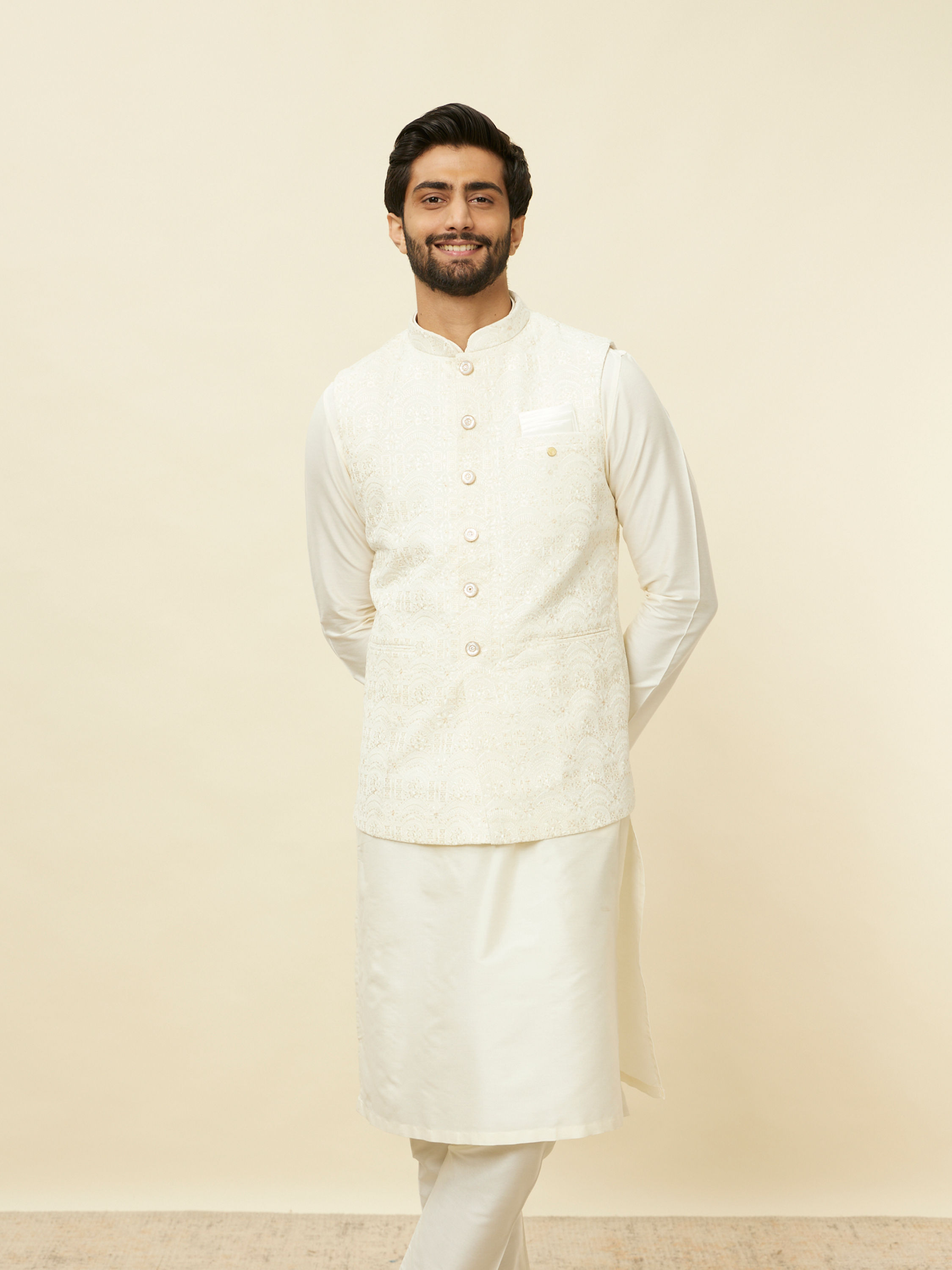 Manyavar Men Sea Salt White Courtly Patterned Jacket