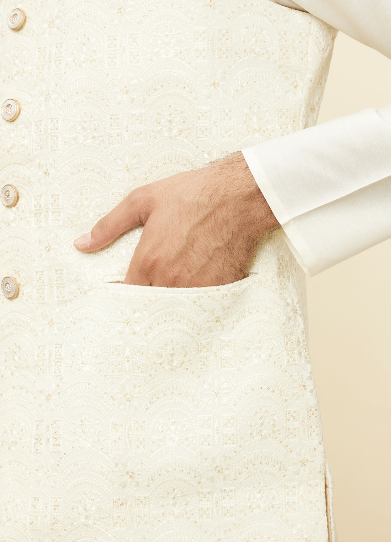 Manyavar Men Sea Salt White Courtly Patterned Jacket