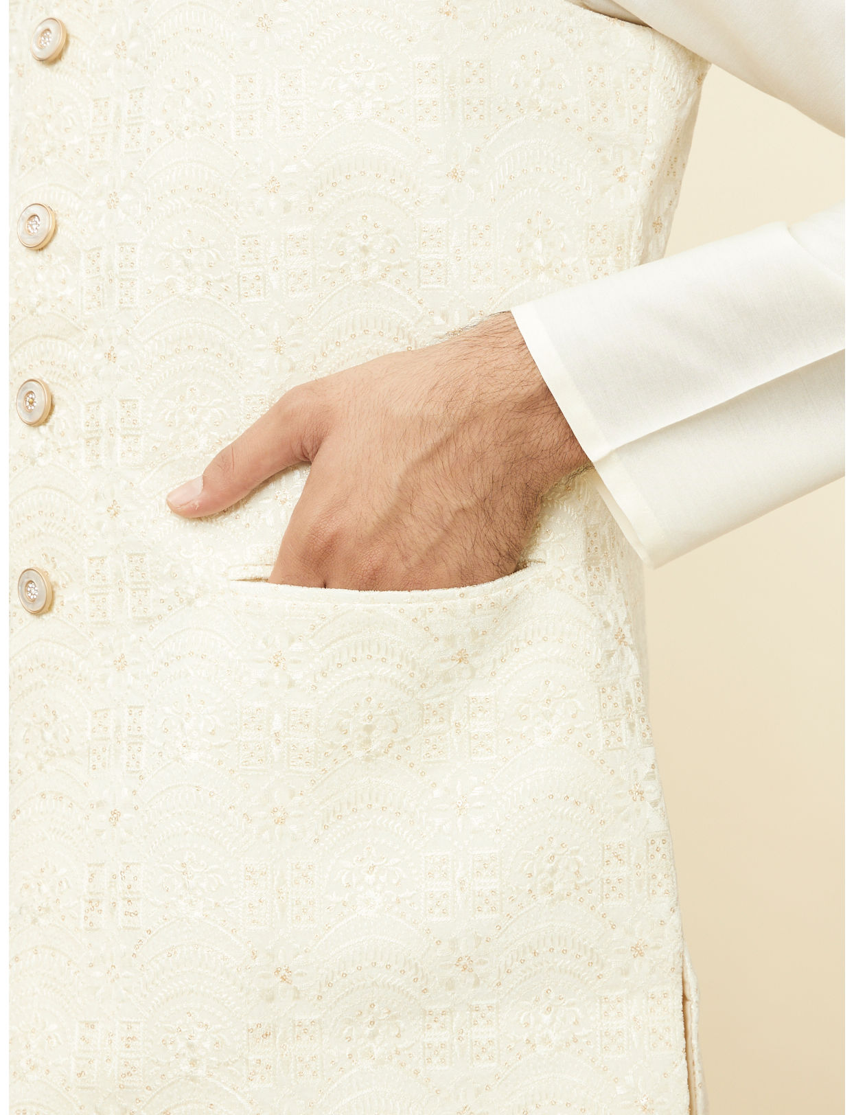 Manyavar Men Sea Salt White Courtly Patterned Jacket