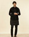 alt message - Manyavar Men Kohl Black Scallop Shell Patterned Nehru Jacket image number 2