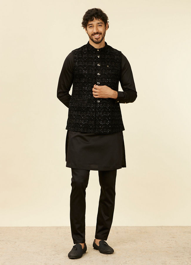 alt message - Manyavar Men Kohl Black Scallop Shell Patterned Nehru Jacket image number 2