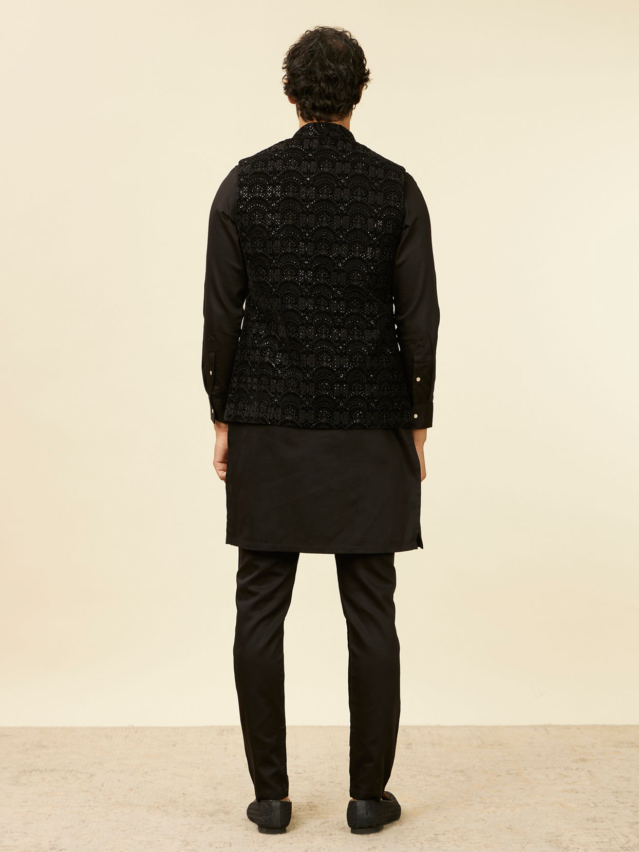 Manyavar Men Kohl Black Scallop Shell Patterned Nehru Jacket