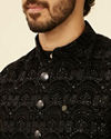 alt message - Manyavar Men Kohl Black Scallop Shell Patterned Nehru Jacket image number 1